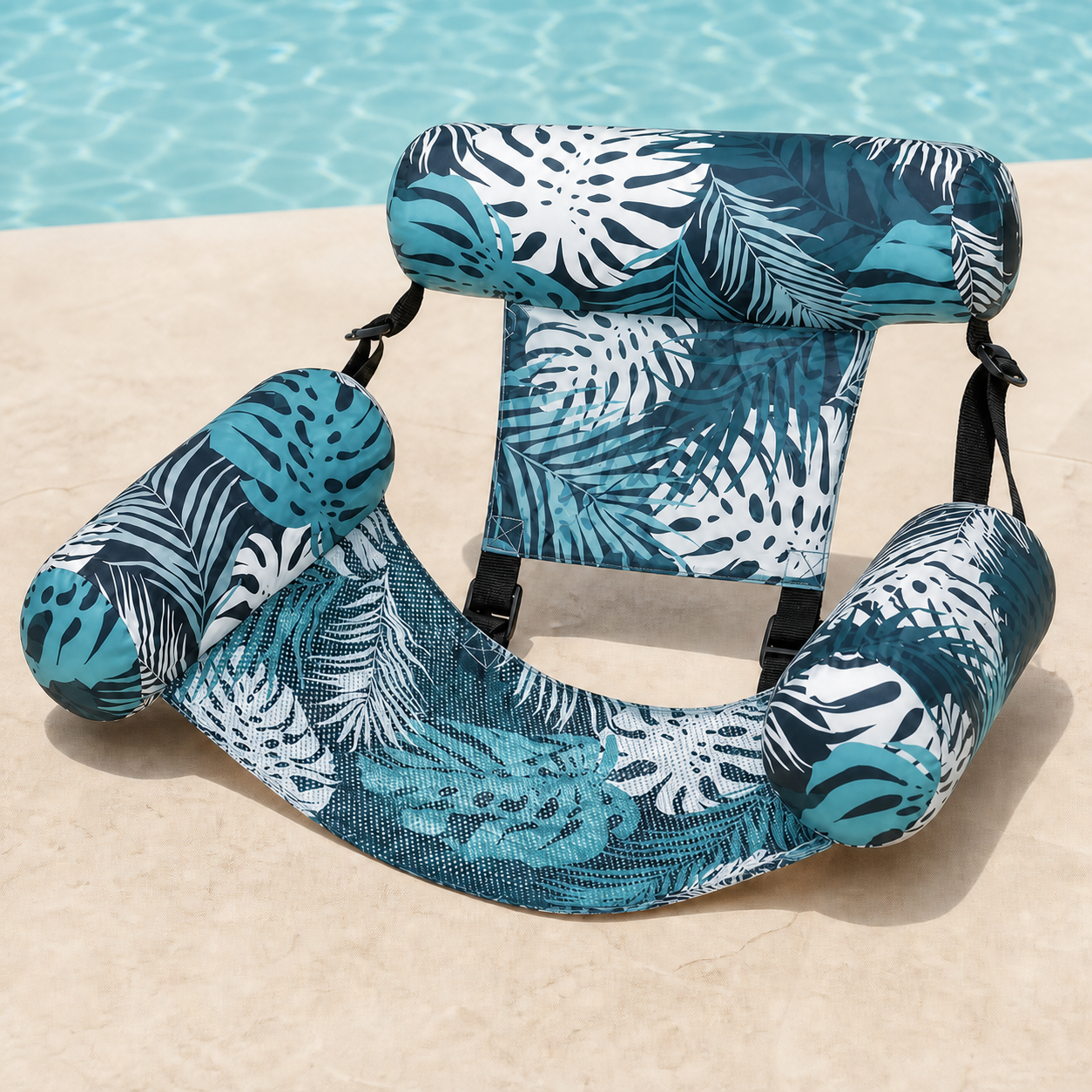 Poolora Float Chair in Fresh Aqua tropical leaf print beside a swimming pool