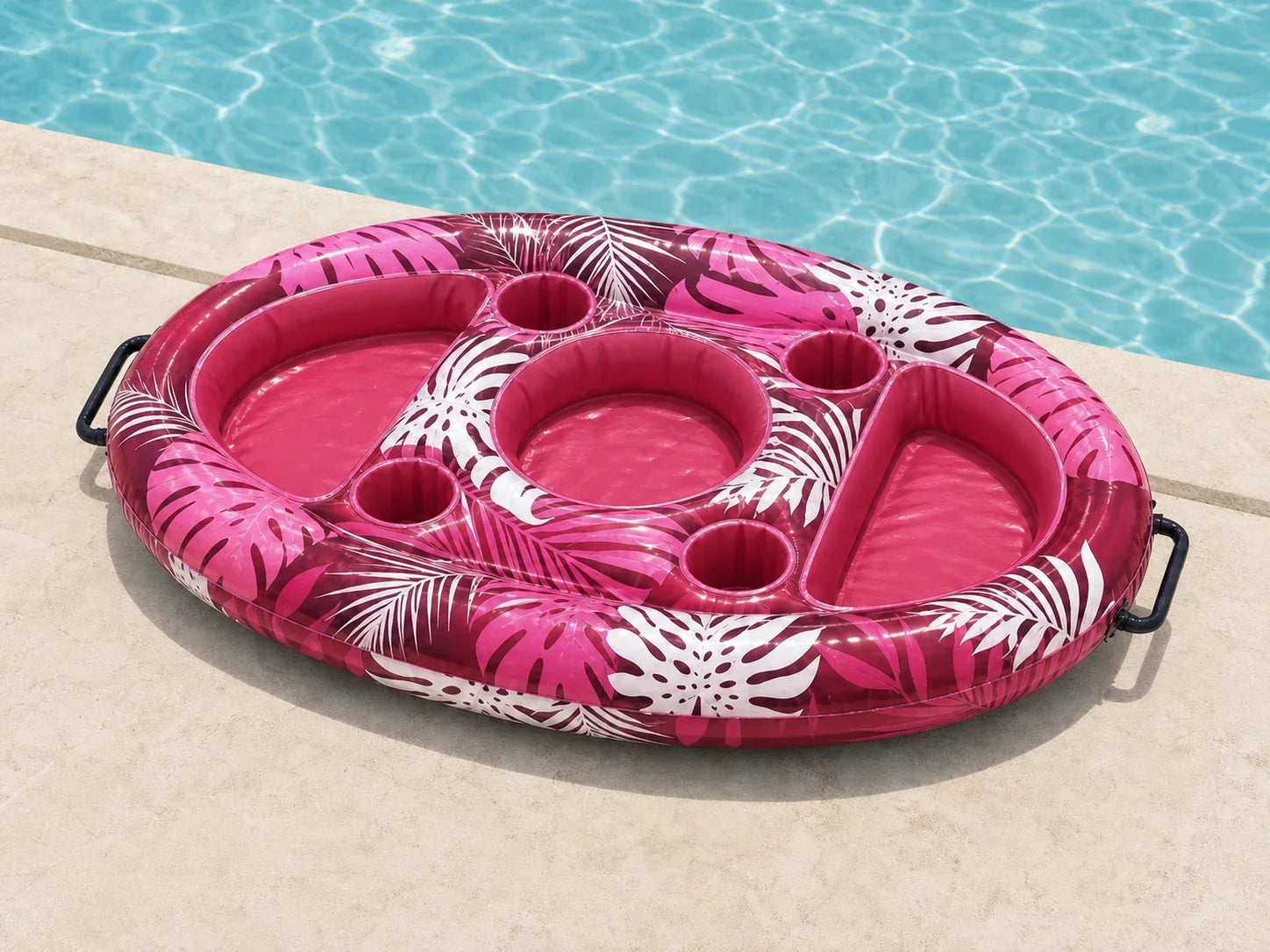 Coral Pink Poolora Float Tray beside a swimming pool